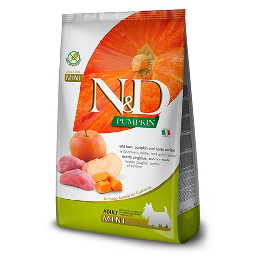 ND PUMPKIN CANINE ADULT MINI BOAR PUMPKIN&APPLE /ПЪЛНОЦЕННА ХРАНА ЗА ИЗРАСНАЛИ КУЧЕТА ДРЕБНИ ПОРОДИ С МЕСО ОТ ГЛИГАН ТИКВА И ЯБЪЛКА 2.5 кг/7 кг