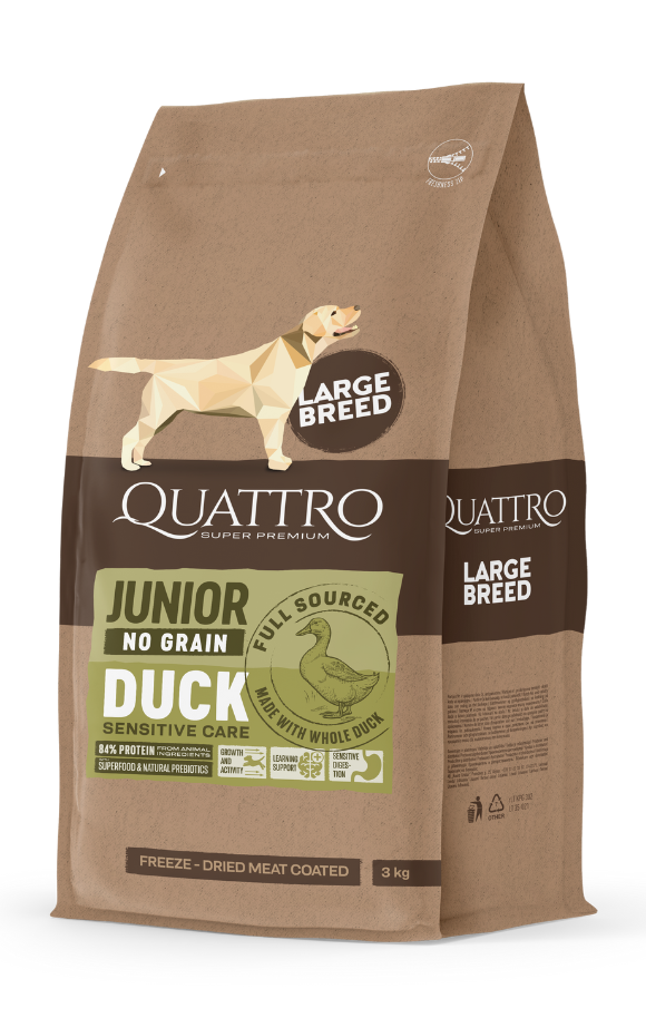 Quattro Grain Free Duck Junior Maxi - Кучешка Храна с Патица Без Зърно за Подрастващи Кучета 12 кг
