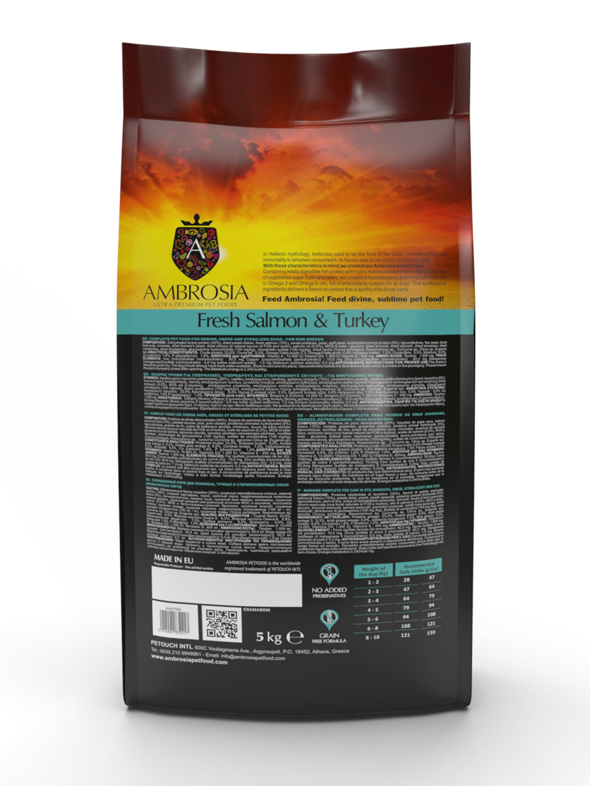 Ambrosia Mini Adult Sterilised/Senior/Light за Кастрирани/Възрастни Кучета от Дребни породи над 1 година със Сьомга и Пуйка 1.5 кг / 5 кг