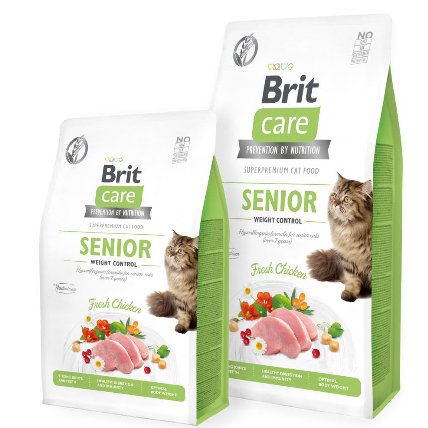Brit Care Cat Senior & Weight Control - Храна за Възрастни и Кастрирани Котки с Пиле 7 кг