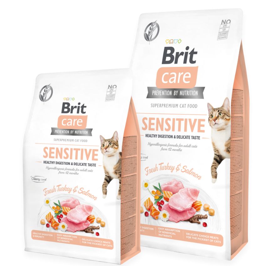 Brit Care Cat Adult Sensitive Digestion - Храна за Котки с Чувствителен стомах със Сьомга и Пуйка 7 кг