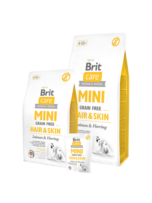 Brit Care Mini Adult Dog Hair and Skin - Храна за Пораснали Кучета над 1 година от Дребни Породи със Сьомга и Херинга 7 кг