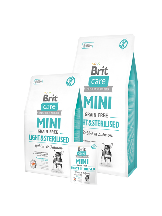 Brit Care Mini Adult Light and Sterilised Rabbit & Salmon - Храна за Кастрирани Кучета от Дребни Породи със Заек и Сьомга 7 кг