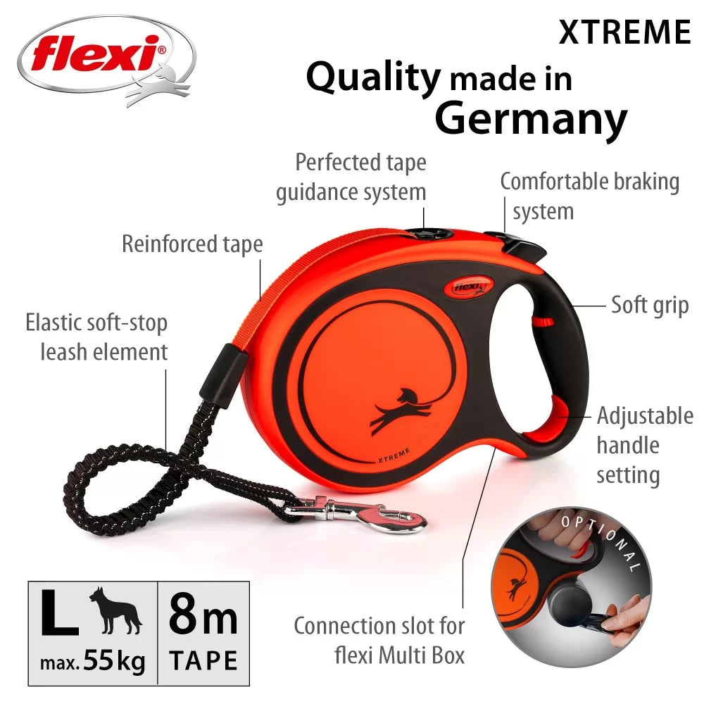 Flexi Xtreme от XS до L - Автоматичен Регулируем Повод с Лента 3 до 8 м, за Кучета от 15 до 55 кг