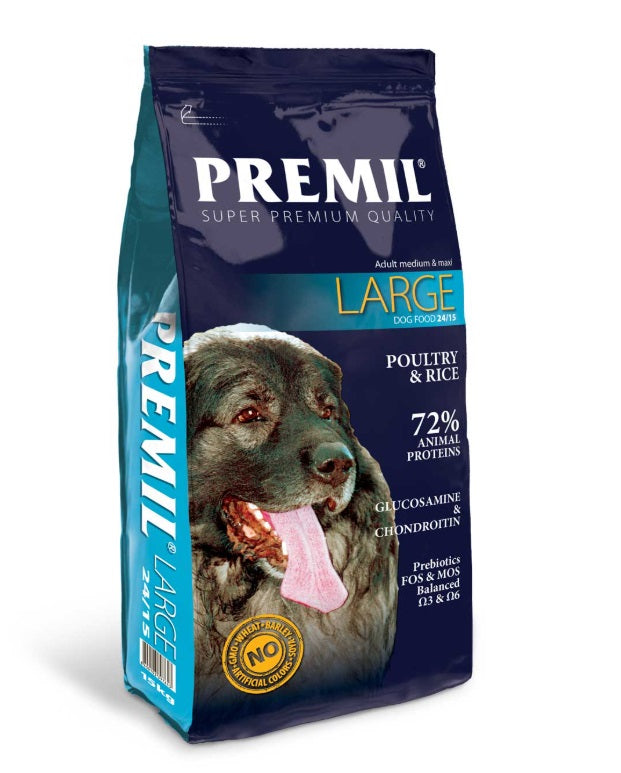 Premil Dog Large 24/15 - за пораснали кучета над 1 година от Едри Породи с Пуйка и Патица 15 кг