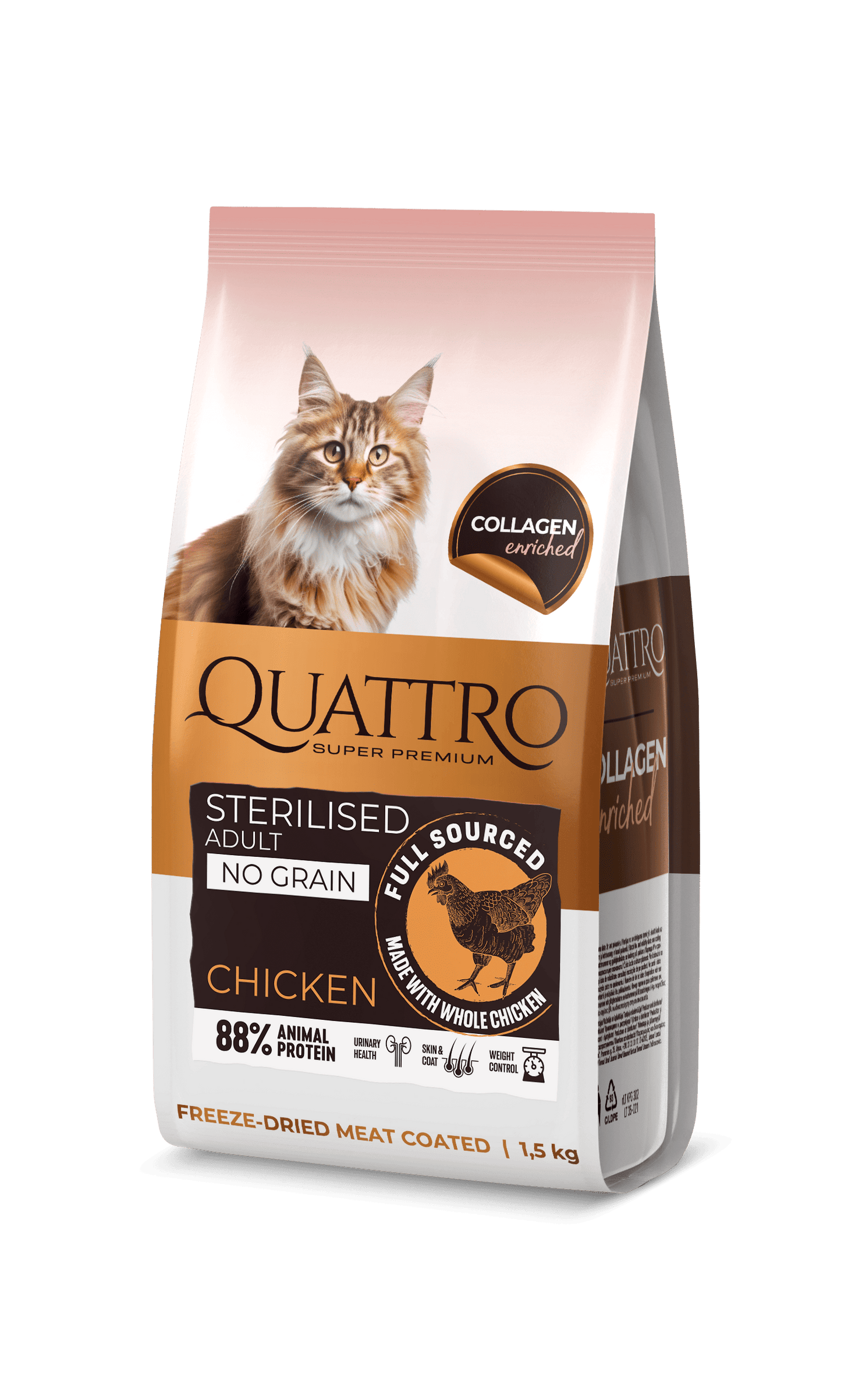 Quattro Cat Grain Free Sterilised - Храна за Кастрирани Котки без Зърно с Пиле и Колаген 1.5 кг / 7 кг