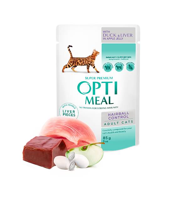 Opti Meal Pouch Adult Cat Hairball Control With Duck And Slices Of Liver In Apple Jelly - Пауч за Котки с Патица и Резенчета Черен Дроб в Ябълково Желе 85 г