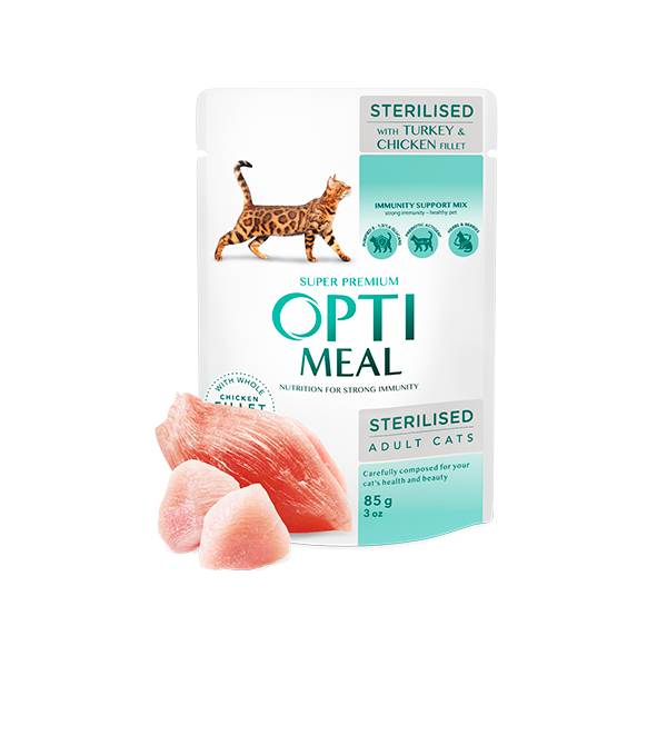 Opti Meal Pouch Adult Cat Sterilised With Turkey/Chicken Fillet 3+1 Bonus - Пауч за Котки с Пуешко/Пилешко Филе 340 г