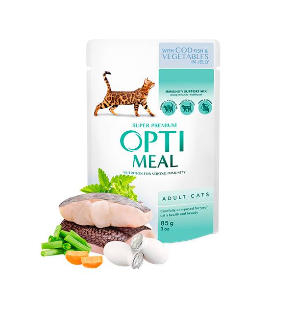 Opti Meal Pouch Adult Cat With Cod Fish And Veggies In Jelly - Пауч за Котки с Риба Треска и Зеленчуци в Желе 85 г