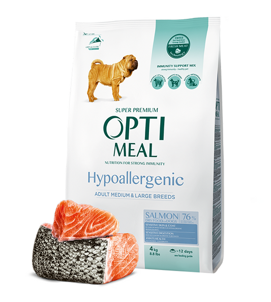 Opti Meal Dog Medium Adult Hypoalergenic Witn Salmon - Храна за Кучета със Сьомга 1.5 кг/ 12 кг/ 16+4 кг