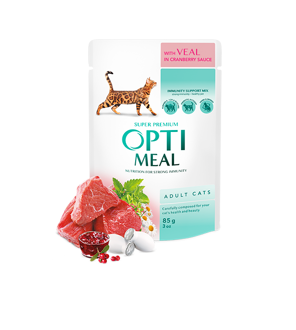 Opti Meal Pouch Adult Cat With Veal In Cranberry Sauce - Пауч за Котки с Телешко в Сос от Червени Боровинки 85 г