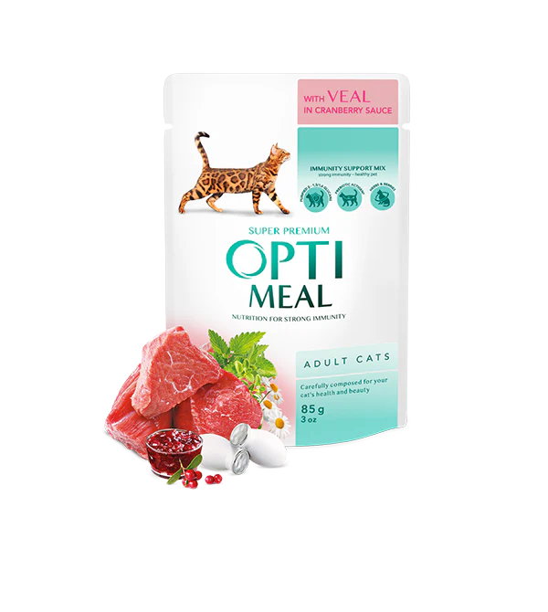 Opti Meal Pouch Adult Cat With Veal In Cranberry Sauce 3+1 Bonus - Пауч за Котки с Телешко в Сос от Червени Боровинки 340 г