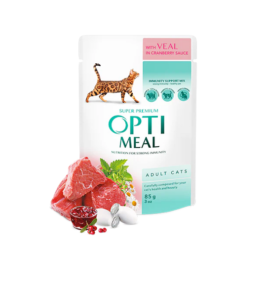 Opti Meal Pouch Adult Cat With Veal In Cranberry Sauce 3+1 Bonus - Пауч за Котки с Телешко в Сос от Червени Боровинки 340 г