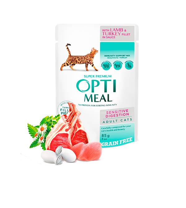 Opti Meal Pouch Adult Cat Grain Free Sensitive Digestion With Lamb And Turkey Fillet In Sauce - Пауч за Котки с Агнешко и Пуйка 85 г