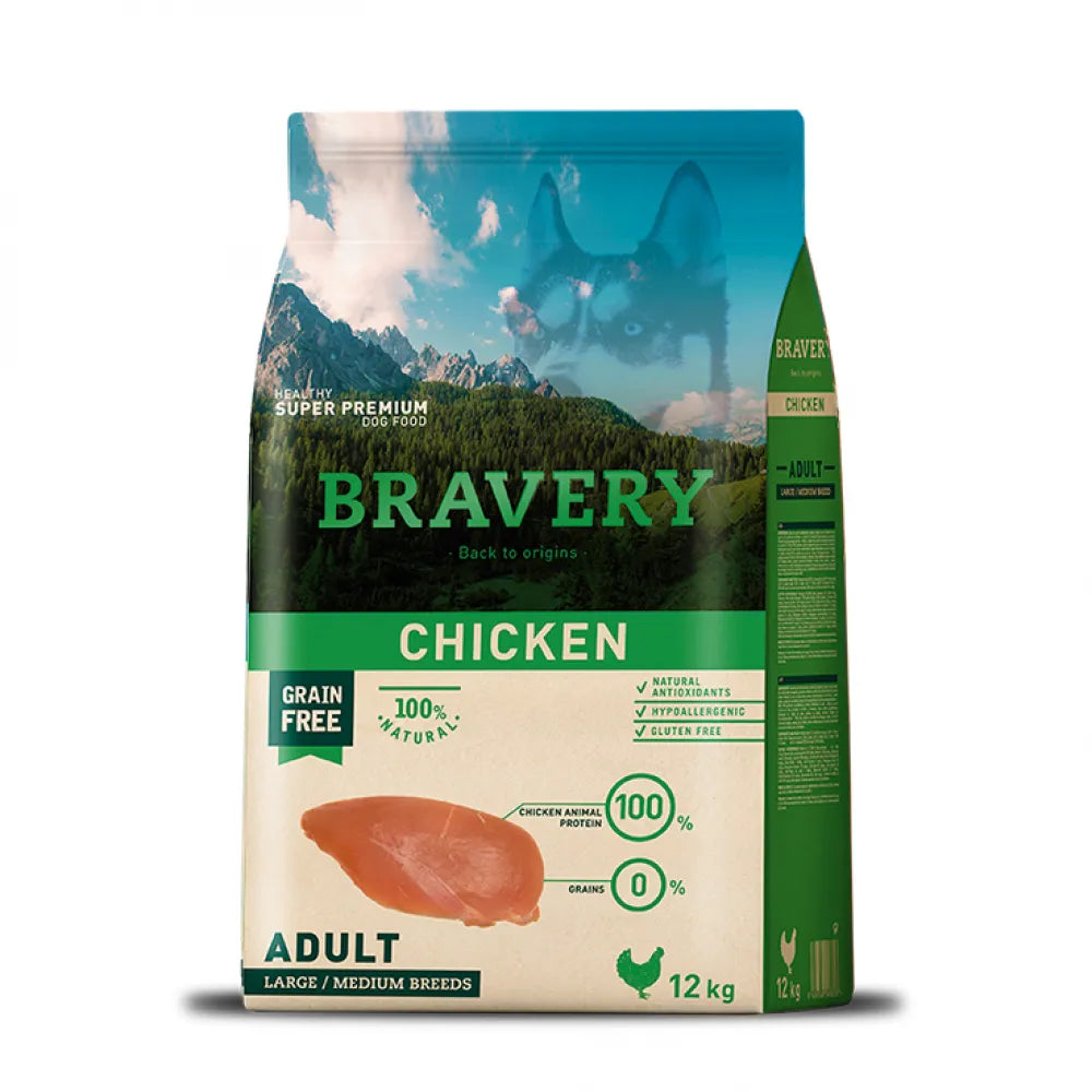 Bravery Dog Adult Medium Large Chicken - Гранули за Пораснало Куче над 1 година от Средни и Едри Породи с Пиле 12 кг