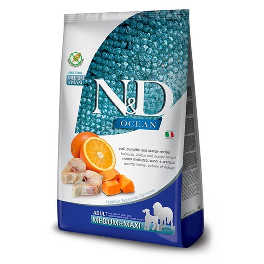 ND OCEAN CANINE ADULT MEDIUM&MAXI CODFISH PUMPKIN&ORANGE /ПЪЛНОЦЕННА ХРАНА ЗА ИЗРАСНАЛИ КУЧЕТА СРЕДНИ И ЕДРИ ПОРОДИ С ТРЕСКА ТИКВА И ПОРТОКАЛ 2.5 кг/ 12 кг