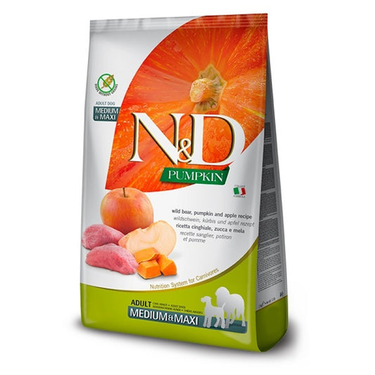 ND PUMPKIN CANINE ADULT MEDIUM&MAXI BOAR PUMPKIN&APPLE /ПЪЛНОЦЕННА КАЧЕСТВЕНА ХРАНА ЗА ИЗРАСНАЛИ КУЧЕТА СРЕДНИ И ЕДРИ ПОРОДИ С МЕСО ОТ ГЛИГАН ТИКВА И ЯБЪЛКА 2.5 кг/ 12 кг