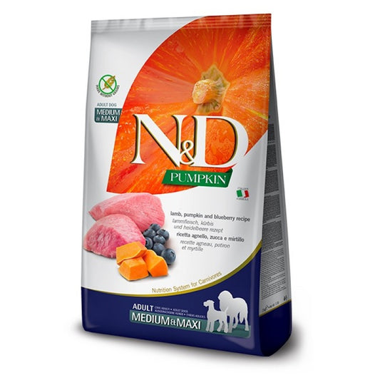 ND PUMPKIN CANINE ADULT MEDIUM&MAXI LAMB PUMPKIN&BLUEBERRY /ПЪЛНОЦЕННА ХРАНА ЗА ИЗРАСНАЛИ КУЧЕТА СРЕДНИ И ЕДРИ ПОРОДИ С АГНЕШКО МЕСО ТИКВА И БОРОВИНКИ 2.5 кг/ 12 кг