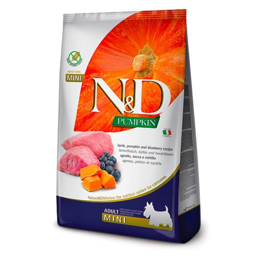 ND PUMPKIN CANINE ADULT MINI LAMB AND PUMPKIN /ПЪЛНОЦЕННА ХРАНА ЗА ИЗРАСНАЛИ КУЧЕТА ОТ ДРЕБНИ ПОРОДИ С АГНЕШКО МЕСО, ТИКВА И БОРОВИНКИ 2.5 кг/7 кг