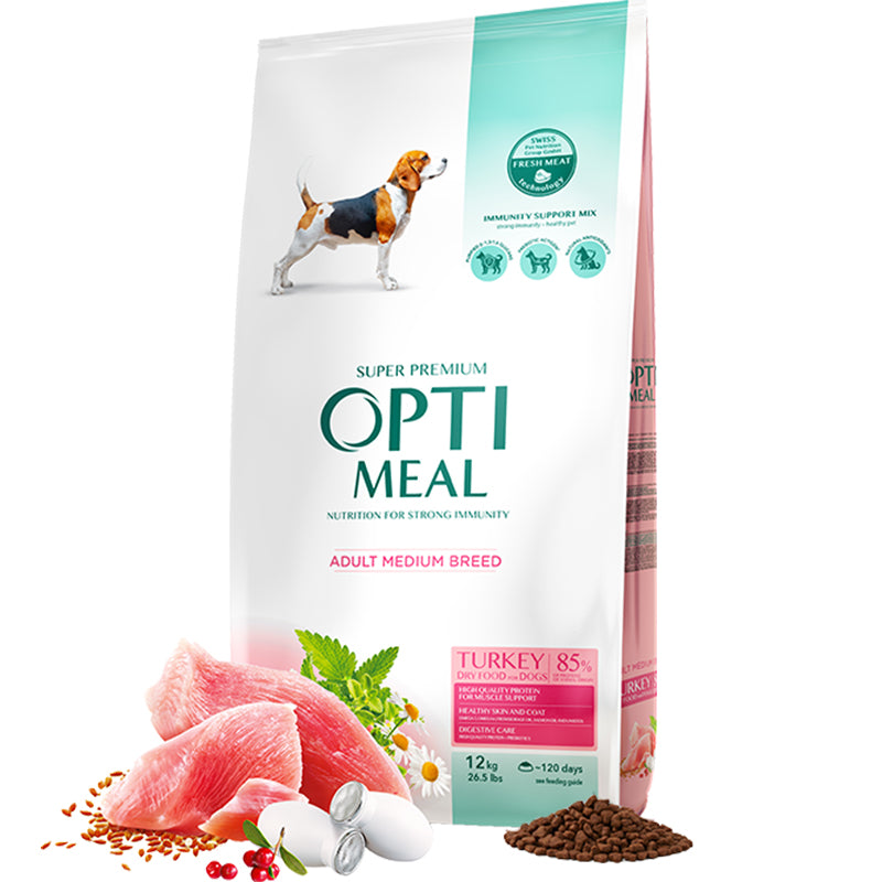 Opti Meal Adult Medium Breed Turkey Суха Храна за Кучета от Средни Породи с Пуйка 1.5 кг/16+4 кг