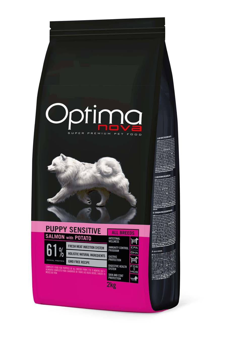 OPTIMA NOVA PUPPY ALL BREED SENSITIVE SALMON AND POTATO / ХРАНА ЗА ПОДРАСТВАЩИ ДО 12 МЕСЕЦА ОТ ВСИЧКИ ПОРОДИ СЕНЗИТИВ СЪС СЬОМГА И КАРТОФ 2 кг/12 кг