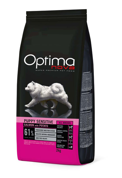 OPTIMA NOVA PUPPY ALL BREED SENSITIVE SALMON AND POTATO / ХРАНА ЗА ПОДРАСТВАЩИ ДО 12 МЕСЕЦА ОТ ВСИЧКИ ПОРОДИ СЕНЗИТИВ СЪС СЬОМГА И КАРТОФ 2 кг/12 кг