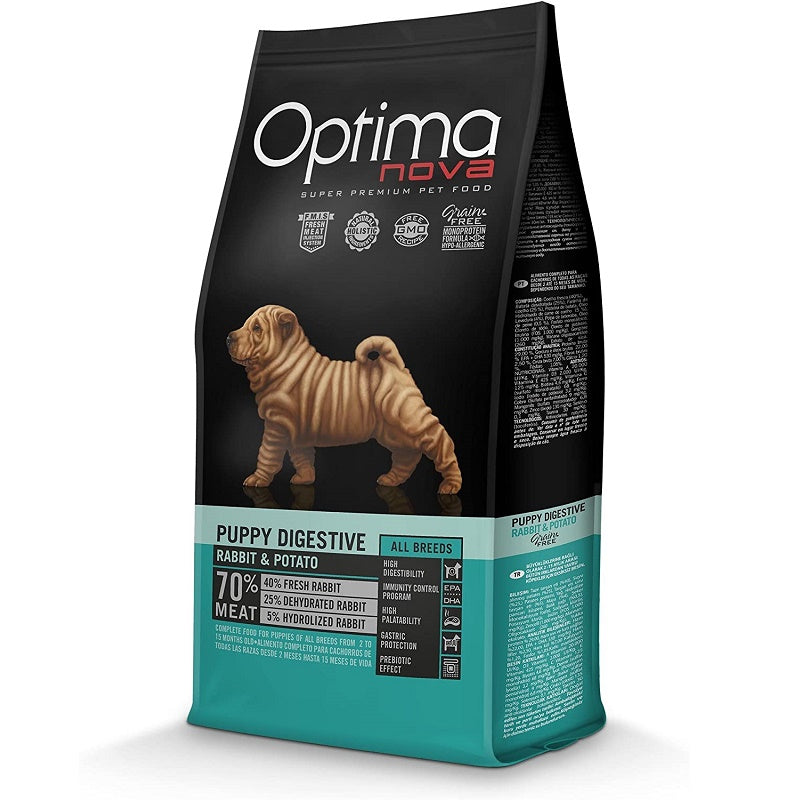 OPTIMA NOVA PUPPY DIGESTIVE RABBIT&POTATO / ХРАНА ЗА КУЧЕТА ПОД 1 ГОДИНА С ЧУВСТВИТЕЛЕН СТОМАХ СЪС ЗАЕК 2 кг/12 кг