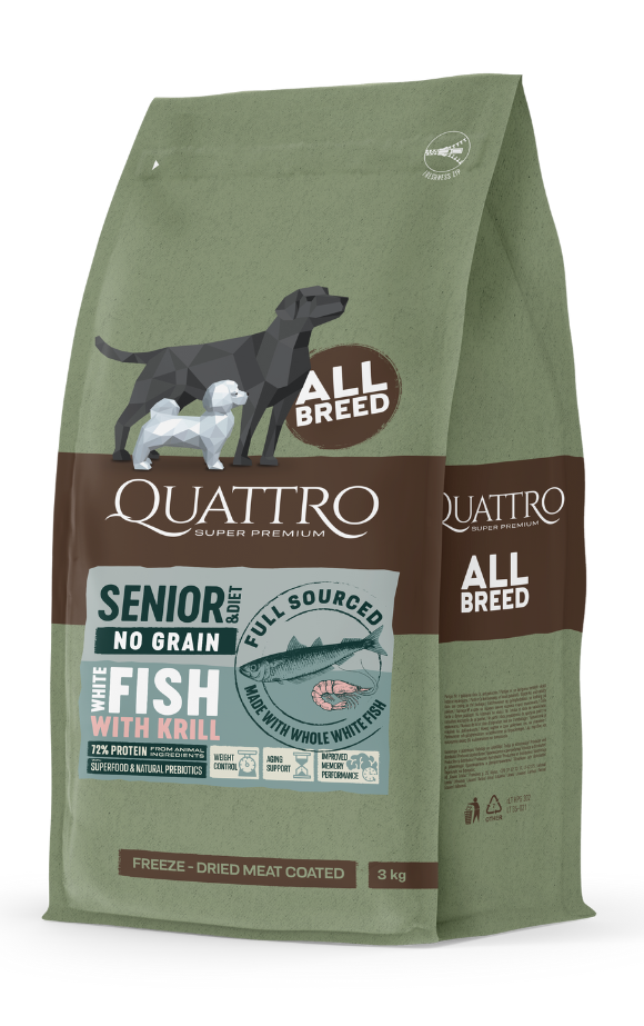 Quattro Grain Free Sterilised/Senior White Fish and Krill All Breed, Хипоалергенна Монопротеинова Храна с Бяла риба за Кастрирани и Стари кучета 12 кг