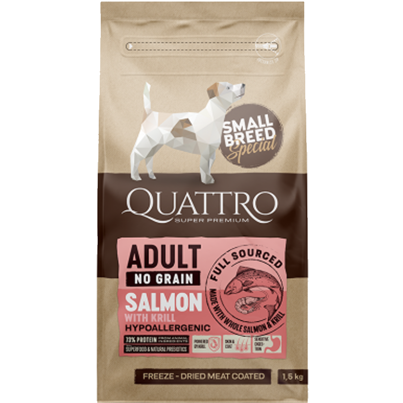 Quattro Grain Free Salmon and Krill, Хипоалергенна Монопротеинова Храна със Сьомга и Антарктически Крил 1.5 кг/7 кг