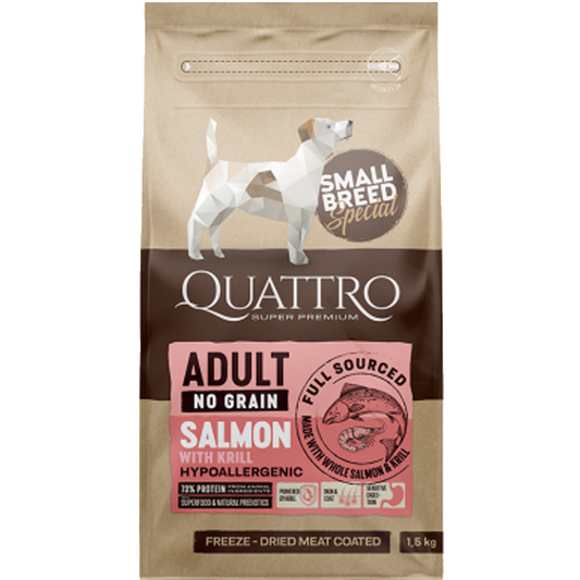 Quattro Grain Free Salmon and Krill, Хипоалергенна Монопротеинова Храна със Сьомга и Антарктически Крил 1.5 кг/7 кг