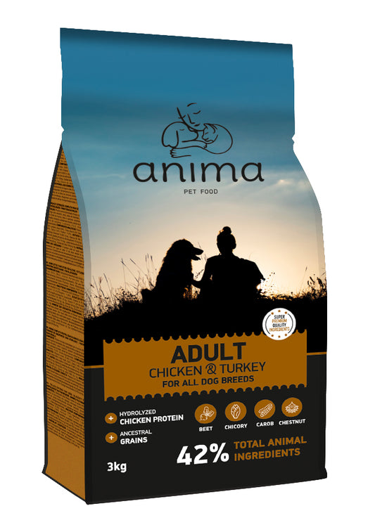 Anima Dog Adult All Breeds - Суха Храна за Пораснали Кучета над 1 година с Пиле и Пуйка, 14 кг