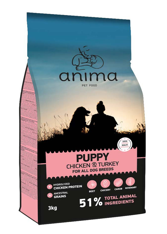 Anima Dog Puppy All Breed - Суха Храна за Подрастващи Кучета под 1 година за Всички Породи с Пиле и Пуйка, 14 кг