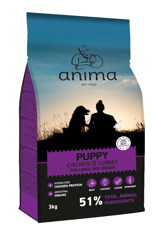 Anima Dog Puppy Large Breed - Суха Храна за Подрастващи Кучета под 1 година за Едри Породи с Пиле и Пуйка, 14 кг