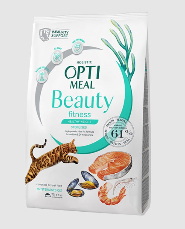 Opti Meal Beauty Fitness Sterilised - Храна за Котки с Морски Дарове за Кожа, Козина и Зъби 1.5/4 кг