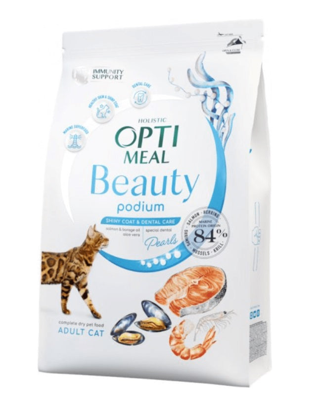 Opti Meal Beauty Podium Shiny Coat and Dental Care - Храна за Котки с Морски Дарове за Кожа, Козина и Зъби 1.5/4 кг