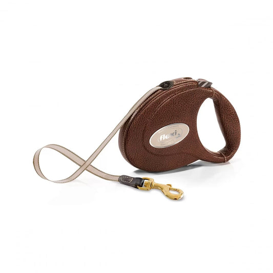 Flexi LEATHER Brown M - Луксозен Автоматичен Регулируем Повод с Лента 5 м, за Кучета до 25 кг