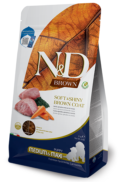 N&D Brown Dog Spirulina Puppy Lamb / Суха Храна за Подрастващи Кученца с Кафява Козина с Агне и Морков 1.5 кг / 2 кг