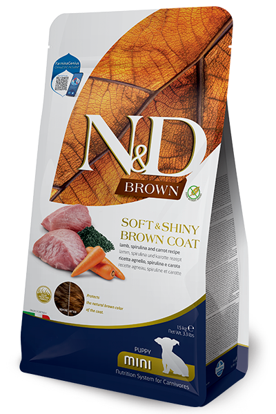 N&D Brown Dog Spirulina Puppy Lamb / Суха Храна за Подрастващи Кученца с Кафява Козина с Агне и Морков 1.5 кг / 2 кг