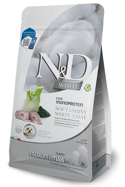N&D White Dog Spirulina Puppy Sea Bass / Суха Храна за Подрастващи Кученца с Бяла Козина с Лаврак 1.5 кг / 2 кг