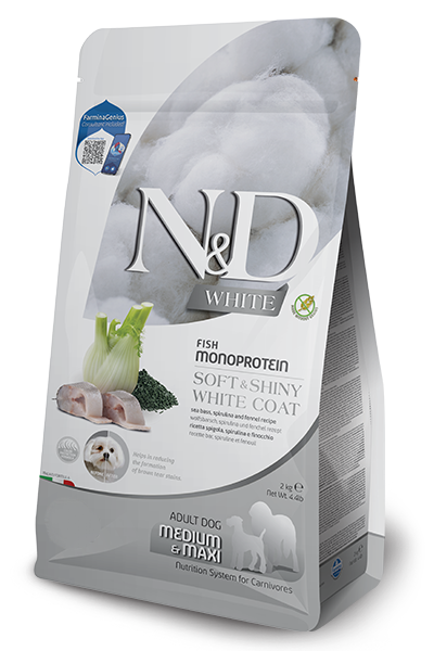 N&D White Dog Spirulina Adult Sea Bass / Суха Храна за Пораснали Кучета с Бяла Козина с Лаврак 2 кг / 5 кг / 7 кг
