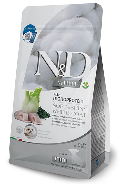 N&D White Dog Spirulina Puppy Sea Bass / Суха Храна за Подрастващи Кученца с Бяла Козина с Лаврак 1.5 кг / 2 кг