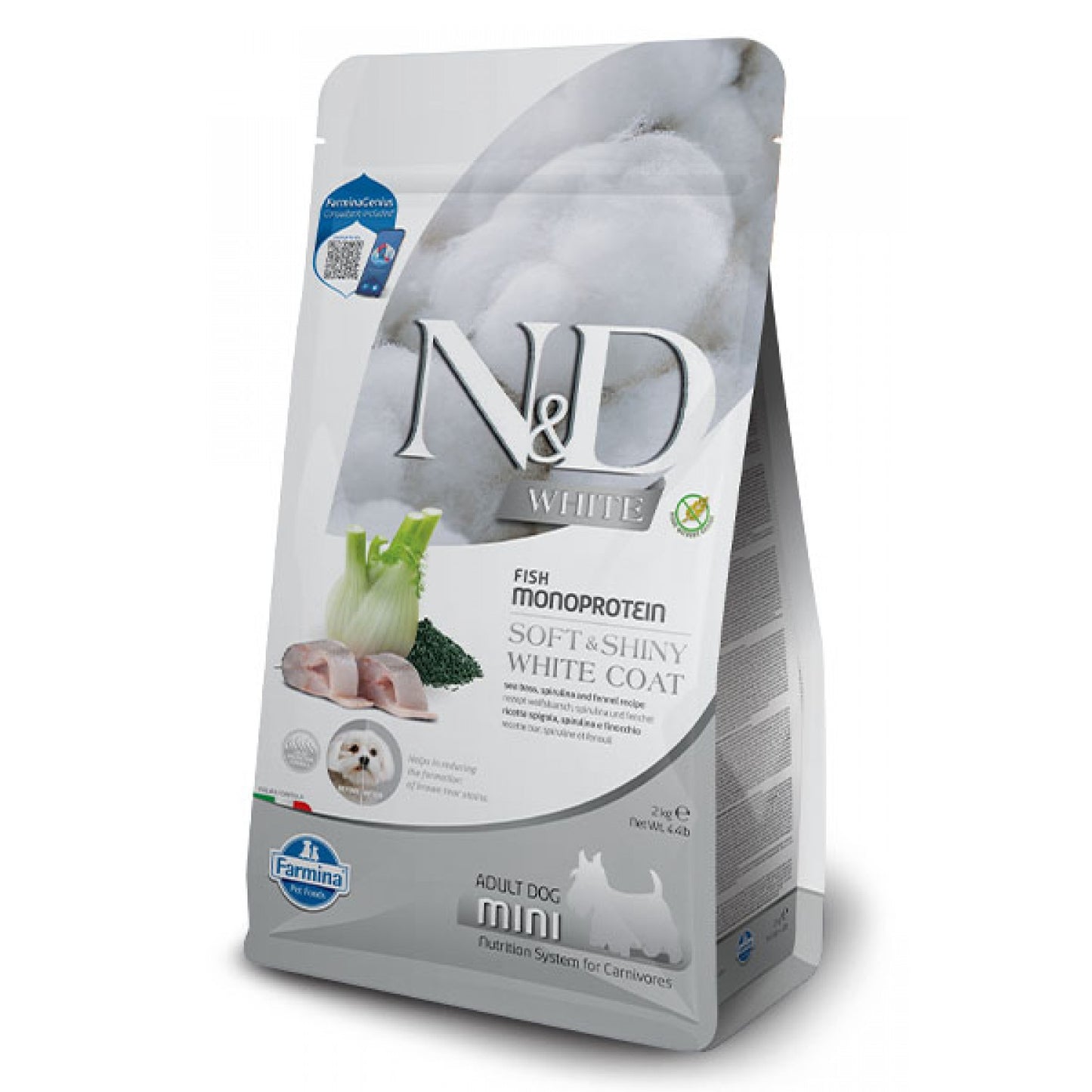 N&D White Dog Spirulina Adult Sea Bass / Суха Храна за Пораснали Кучета с Бяла Козина с Лаврак 2 кг / 5 кг / 7 кг