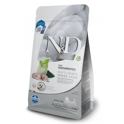N&D White Dog Spirulina Adult Sea Bass / Суха Храна за Пораснали Кучета с Бяла Козина с Лаврак 2 кг / 5 кг / 7 кг