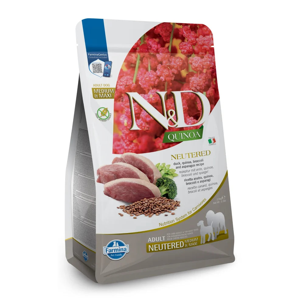N&D Dog Quinoa Neutered / Храна за Кастрирани Кучета с Патица, Броколи и Аспержи 7 кг / 12 кг