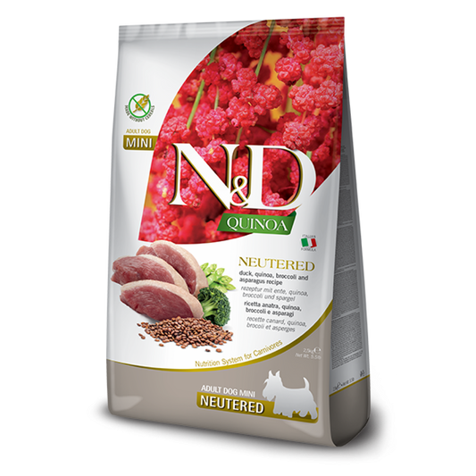 N&D Dog Quinoa Neutered / Храна за Кастрирани Кучета с Патица, Броколи и Аспержи 7 кг / 12 кг