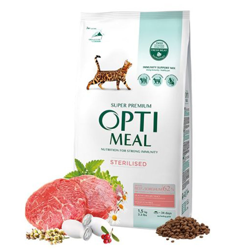 Opti Meal Adult Cat Sterilised with Beef and Sorghum - За кастрирани котки над 12 месеца с говеждо и сорго 1.5 кг/10 кг