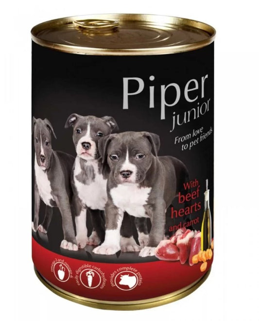 Piper Junior - консерва за подрастващи кученца, с говежди сърца и моркови, 400 г