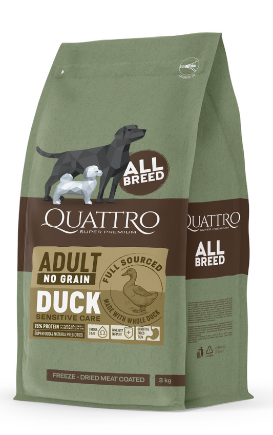 Quattro Grain Free Duck All Breed, Кучешка Храна с Патица Без Зърно за Всички Породи, 12 кг