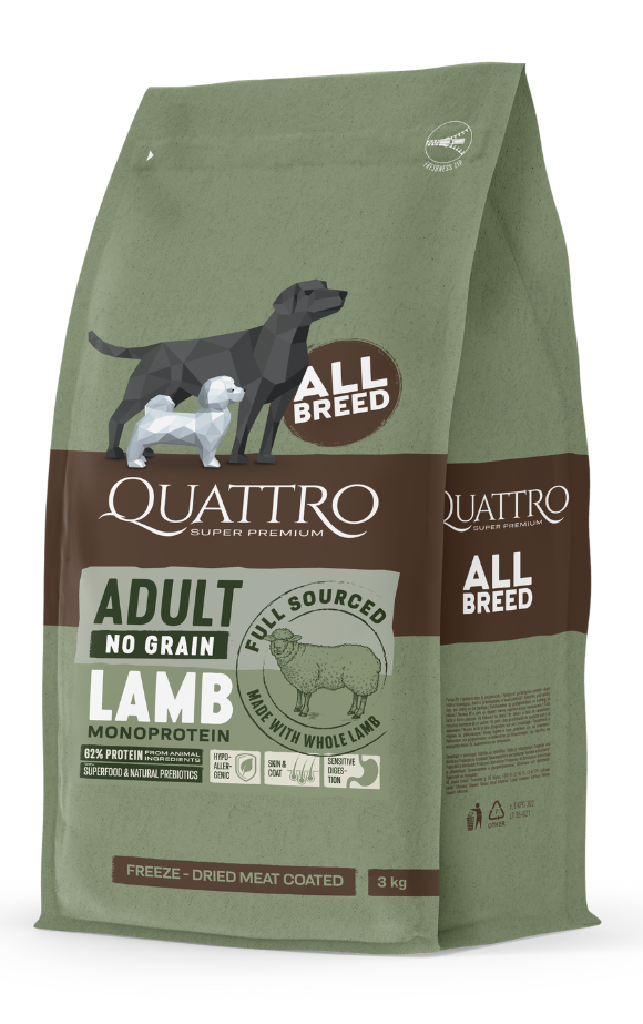 Quattro Grain Free Lamb All Breed, Хипоалергенна Монопротеинова Храна с Агне за Всички Породи 12 кг