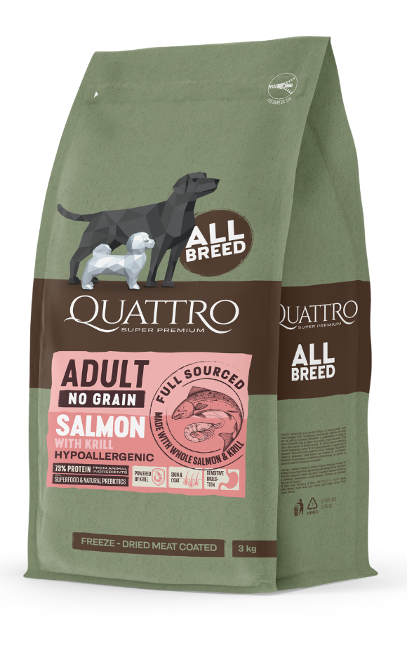 Quattro Grain Free Salmon and Krill All Breed, Хипоалергенна Монопротеинова Храна със Сьомга и Антарктически Крил за Всички Породи 12 кг